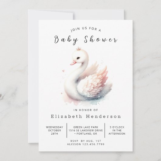 Enchanted Printable Swan Baby shower Kaart (Voorkant)