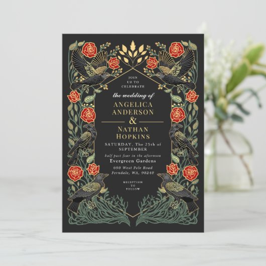 Enchanted Raven Roses Gothic Wedding Kaart (Staand voorkant)