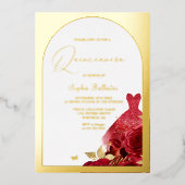 Enchanted Red Dress Blush Floral Quinceanera Gold Folie Uitnodiging (Voorkant)