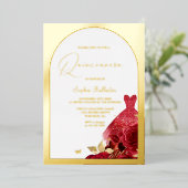 Enchanted Red Dress Blush Floral Quinceanera Gold Folie Uitnodiging (Staand Voorkant)