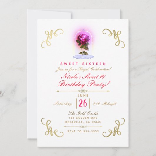 Enchanted Red Rose Floral Gold Sweet 16 Party Kaart (Voorkant)