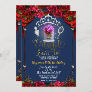 Enchanted Roos Beauty Sweet 16 Party Blue Gold Kaart