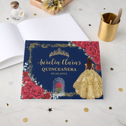 Enchanted Rose Red Roses Princess Gold Quinceanera Gastenboek (Voorkant open)
