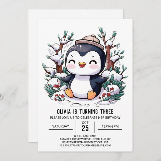 Enchanted Simple Penguin digitale verjaardag Kaart (Voorkant / Achterkant)