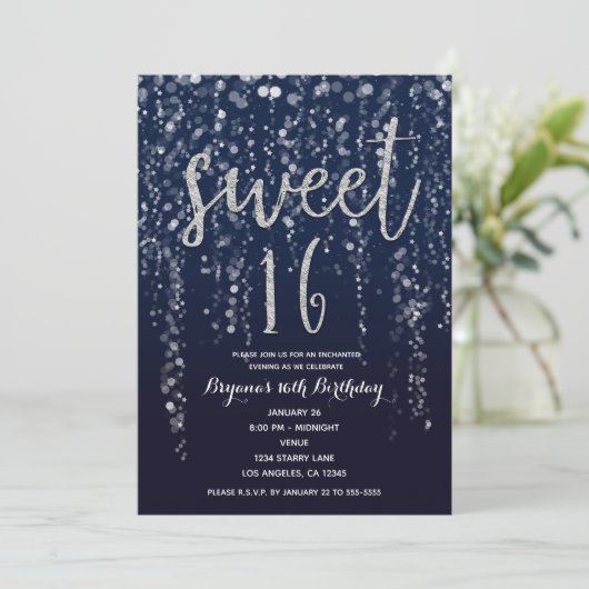 Enchanted Star Lights Zilver & Blauw Sweet 16 Part Kaart (Staand voorkant)