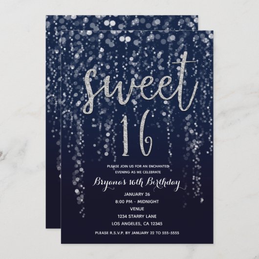 Enchanted Star Lights Zilver & Blauw Sweet 16 Part Kaart (Voorkant / Achterkant)