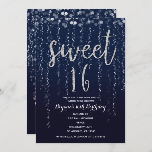 Enchanted Star Lights Zilver & Blauw Sweet 16 Part Kaart (Voorkant / Achterkant)