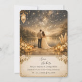 enchanted Starry Night Lake Blue & Gold Wedding Kaart (Voorkant)