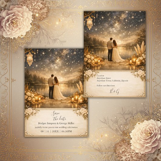 enchanted Starry Night Lake Blue & Gold Wedding Kaart