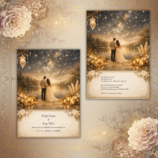 Enchanted Starry Night Lake blue & gold Wedding Kaart