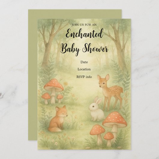 Enchanted Toadstool Forest Baby shower Invitation Kaart (Voorkant / Achterkant)
