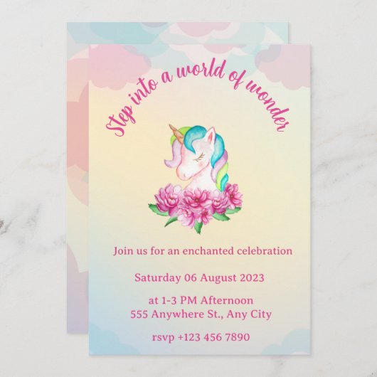 Enchanted Unicorn Birthday Party Invitation Kaart (Voorkant / Achterkant)