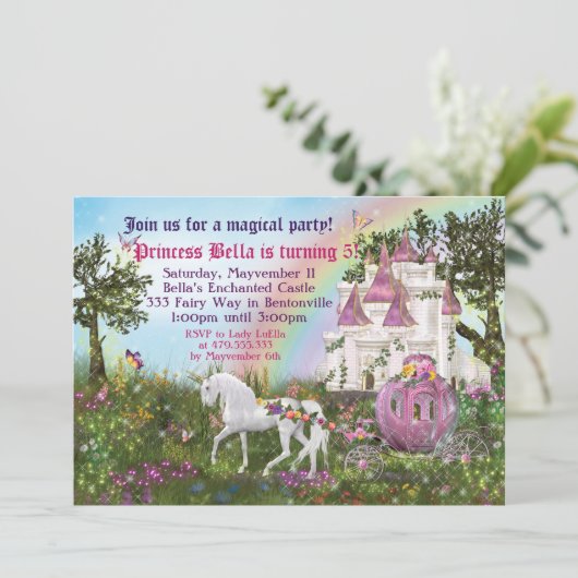 Enchanted Unicorn Castle Princess Party Invitation Kaart (Staand voorkant)