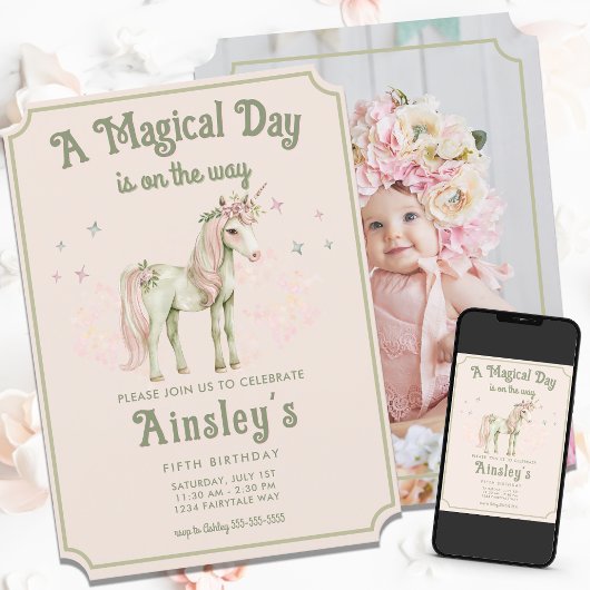 Enchanted Unicorn gepersonaliseerde foto roze verj Kaart