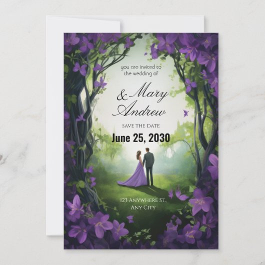 Enchanted Violet Garden Wedding Invitation Kaart (Voorkant)
