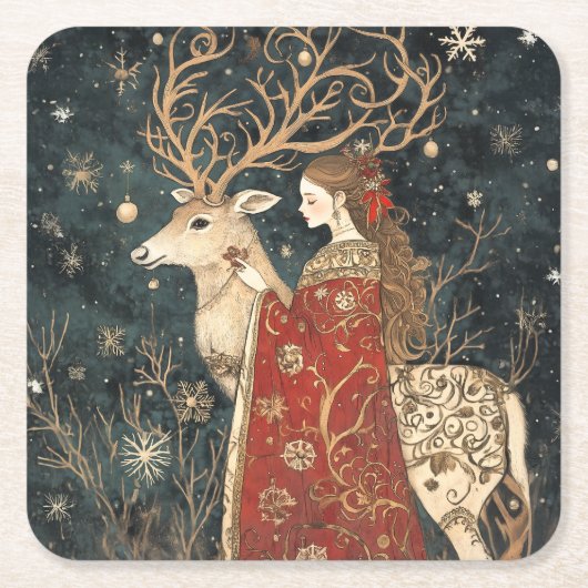 Enchanted Winter: Het meisje en het hert Kartonnen Onderzetters (Voorkant)