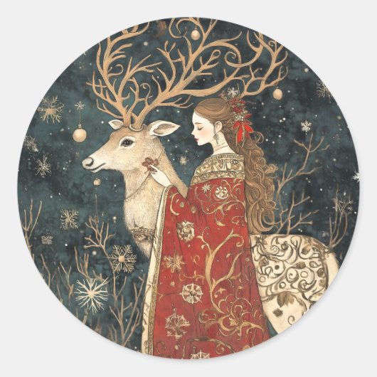 Enchanted Winter: Het meisje en het hert Ronde Sticker (Voorkant)