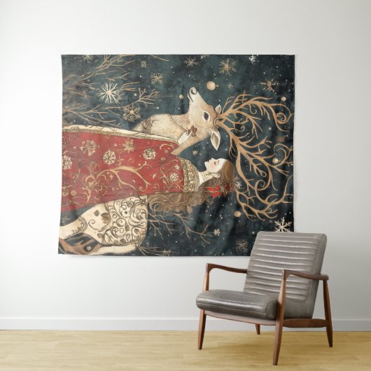 Enchanted Winter: Het meisje en het hert Wandkleed (In Situ (horizontaal))