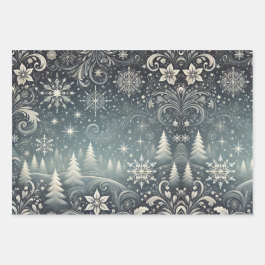 Enchanted Winter Night: Elegante kerstset van 3 Inpakpapier Vel (Voorkant)