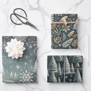 Enchanted Winter Night: Elegante kerstset van 3 Inpakpapier Vel