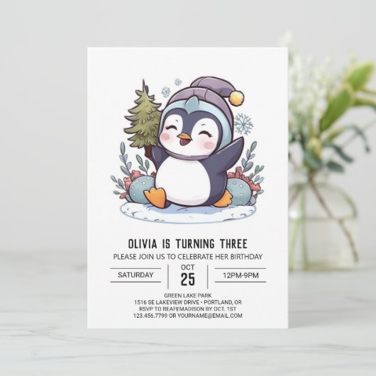 Enchanted Winter Penguin Digitale Verjaardag Kaart (Staand voorkant)