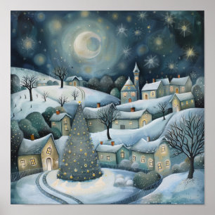 Enchanted Winter Village bij Night AI Art Poster