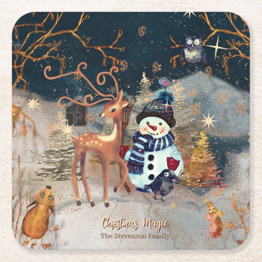 Enchanted Winter Wonderland Snowmand & Deer Kartonnen Onderzetters (Voorkant)