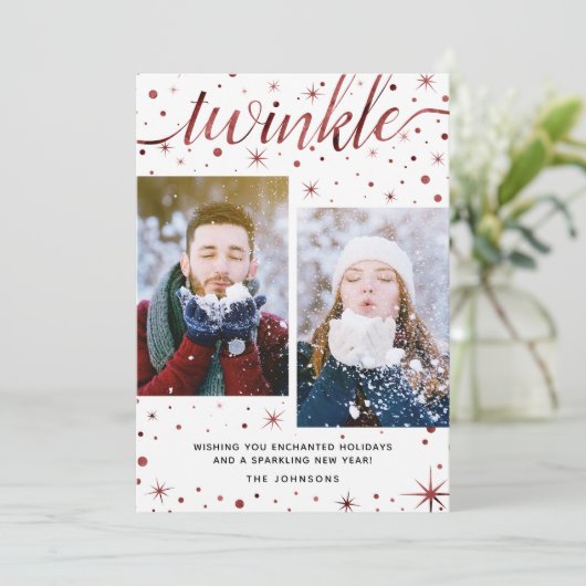 Enchanted Wishes Burgundy Typography 2-Foto Feestdagenkaart (Staand voorkant)