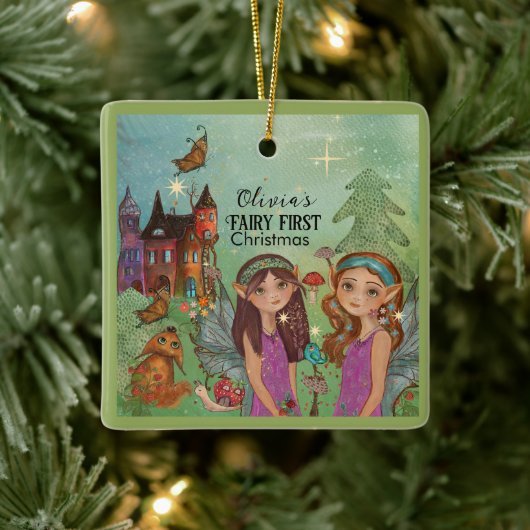 Enchanted Woodland Fairy First Christmas Keramisch Ornament (Boom)