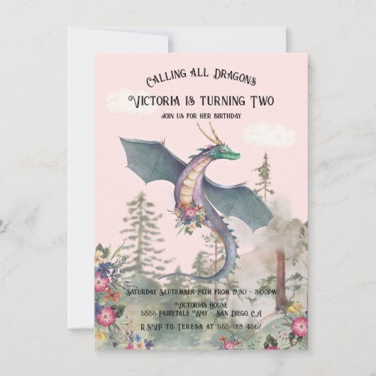 Enchanted Woodland Forest Dragon Birthday Invitati Kaart (Voorkant)