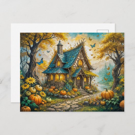 Enchanting Autumn Cottage with Pumpkins Briefkaart (Voorkant / Achterkant)