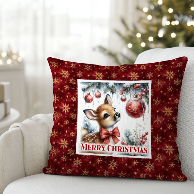 Enchanting baby fawn snowy forest scene Christmas  Kussen (Enchanting baby fawn snowy forest scene Christmas pillow)