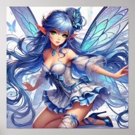 Enchanting Blue-Haired Fairy with Emerald Eyes Poster