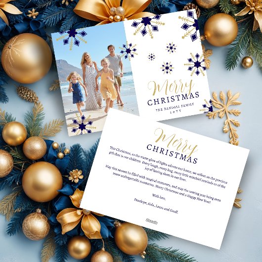 Enchanting Christmas Dark Blue & Gold Snowflakes  Feestdagenkaart