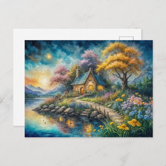 Enchanting Cottage by Moonlit Stream Briefkaart (Voorkant / Achterkant)