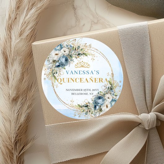 Enchanting Dusty Blue Gold Greenery Quinceañera   Ronde Sticker