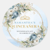 Enchanting Dusty Blue Gold Greenery Quinceañera   Ronde Sticker (Voorkant)