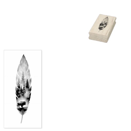 Enchanting Feather with Buffalo Bison Artwork Rubberstempel (Gestempeld)