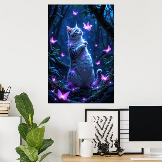 Enchanting kitten in a magical forest with glowing poster (Thuiskantoor)
