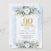 Enchanting light blue gold look 90th birthday  kaart (Voorkant)
