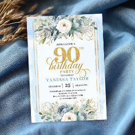 Enchanting light blue gold look 90th birthday  kaart