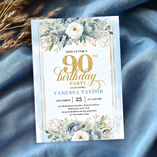 Enchanting light blue gold look 90th birthday  kaart