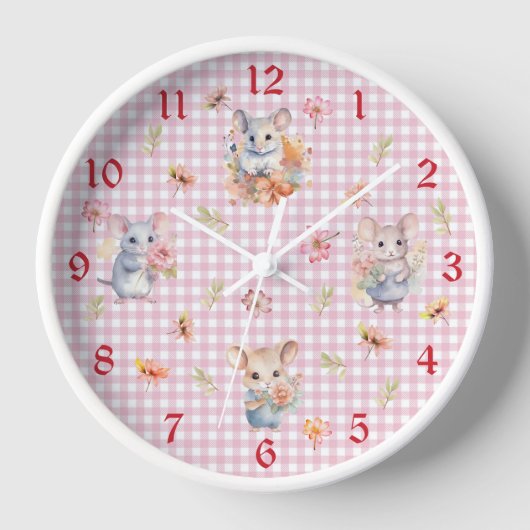 Enchanting Mice on Pink Gingham Check Wall Clock (Voorkant)