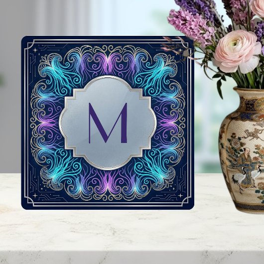 Enchanting  Monogram Teal Purple Swirls Decorative Tegeltje