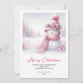 Enchanting pink snowman Christmas kids card digit Feestdagenkaart (Voorkant)