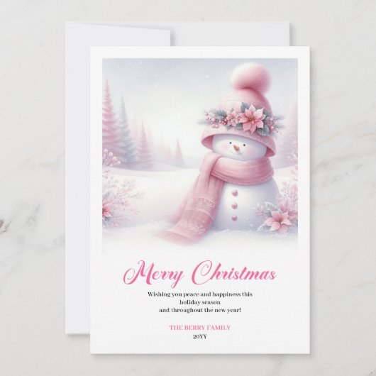Enchanting pink snowman Christmas kids card digit Feestdagenkaart (Voorkant)