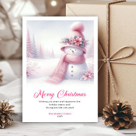 Enchanting pink snowman Christmas kids card digit Feestdagenkaart