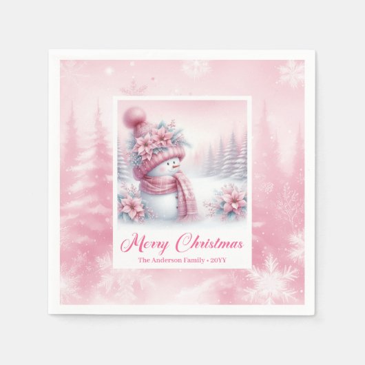 Enchanting Pink Snowman Christmas Scene Napkins  Servet (Voorkant)