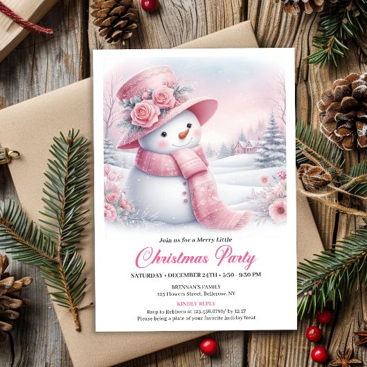 Enchanting Pink Snowman Editable Christmas Invite  Kaart