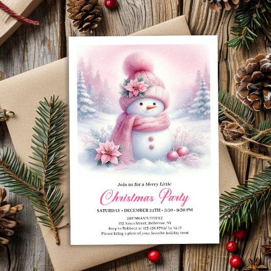 Enchanting Pink Snowman Kids Christmas Invitation Kaart